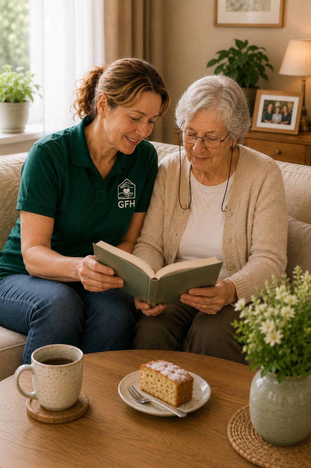 GFH-Haushaltshilfe liest mit einer älteren Dame im Wohnzimmer